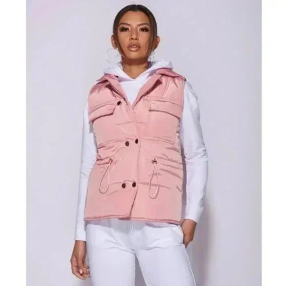 Pink Sleeveless Collared Double Breasted Padded Puffer Jacket Vest Gilet - Picture 5 of 16